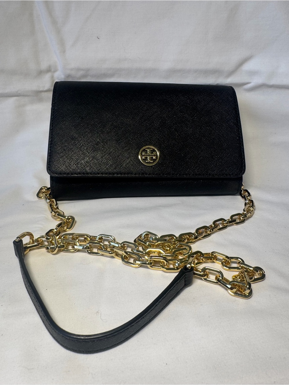 Tory Burch Black Saffiano Leather Crossbody with Gold Chain